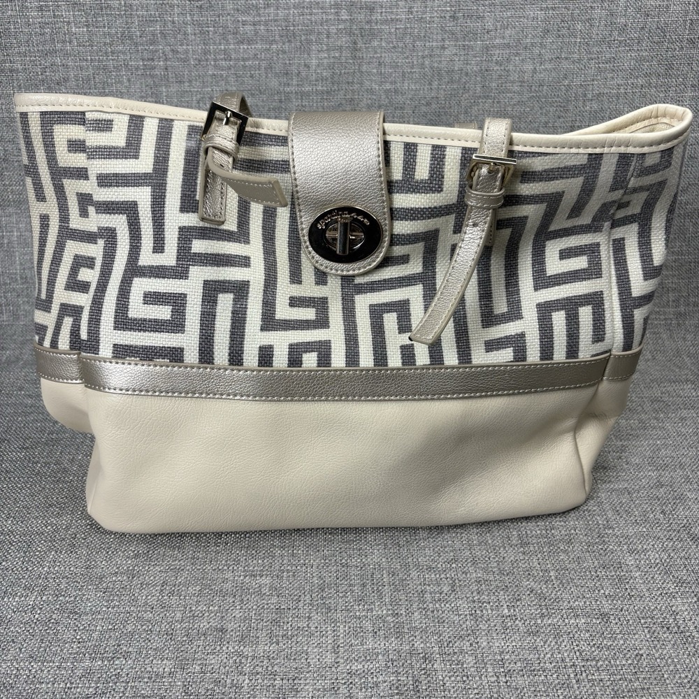 Spartina 449 De Renne Daufuskie Turn Key Classic Natural Linen Leather Tote - Picture 1 of 14
